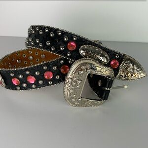 Studded Black and Pink Belt with Silver Buckle